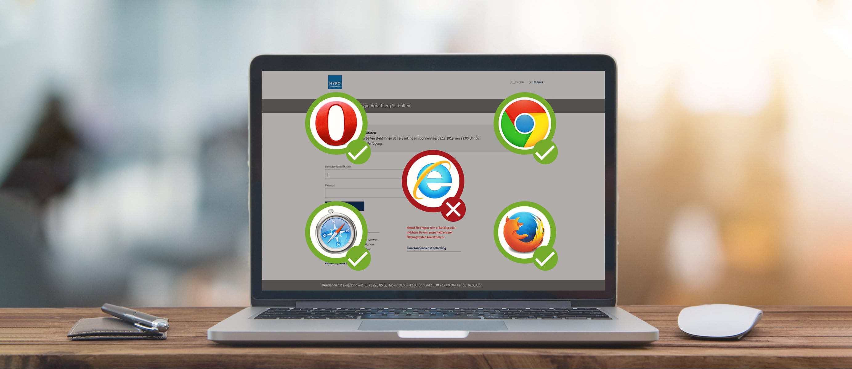 Laptop zeigt mit dem eBanking kompatible Browser-Icons